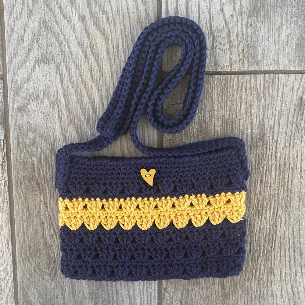 Handmade Navy and Yellow Crochet Crossbody Bag - Picture 1 of 1